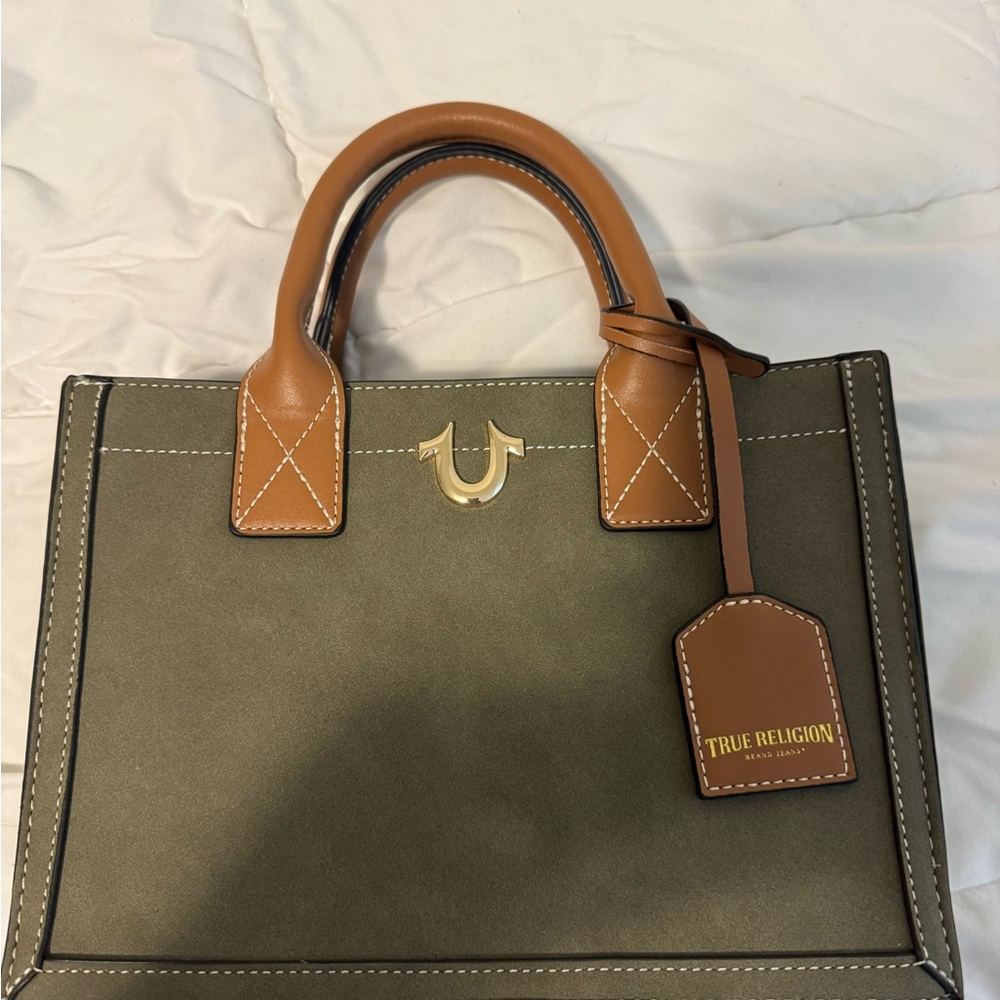 True Religion Green and Tan Tote with Gold Emblem